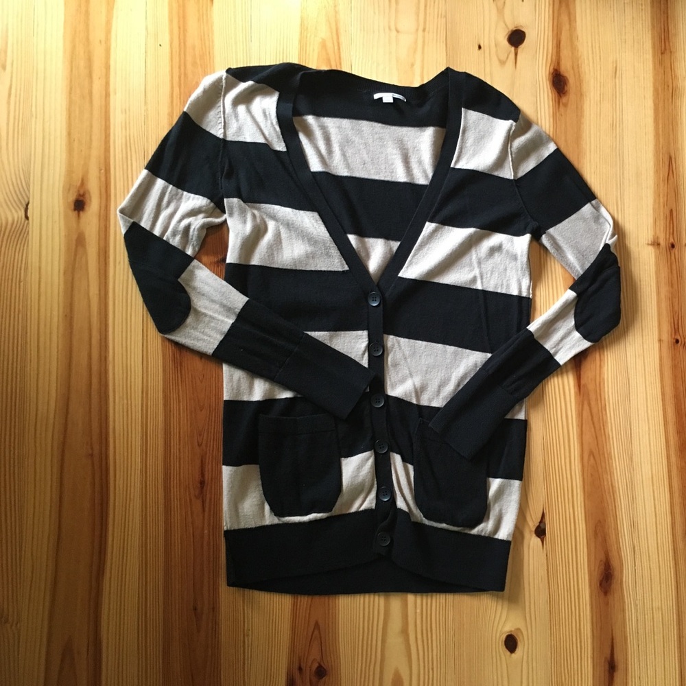 Nordstrom Black and Cream Striped V‑Neck Cardigan
